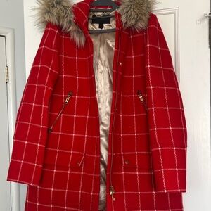 Red Plaid Women's Coat with Faux Fur Hood jcrew